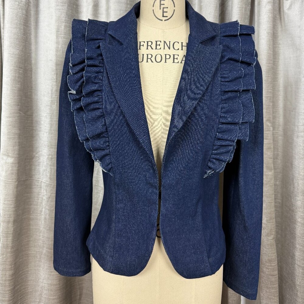 Blue Denim Blazer with Ruffle Detail